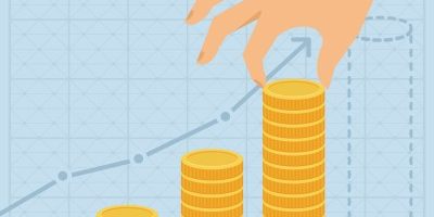 Vector financial business plan – hand holding golden coin in flat retro style